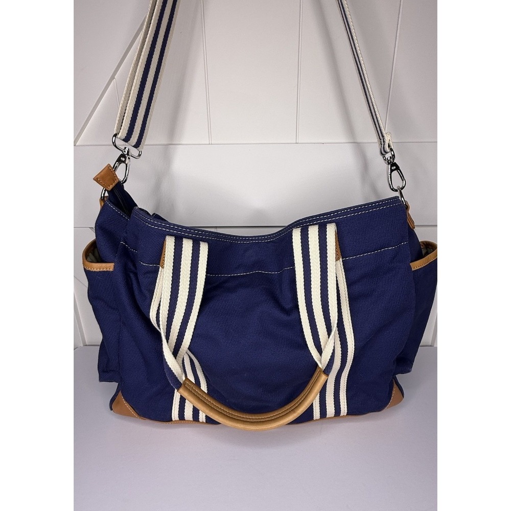POTTERY BARN KIDS Navy Blue DIAPER BAG Canvas Baby Duffle Tote Leather Classic B - Picture 5 of 15